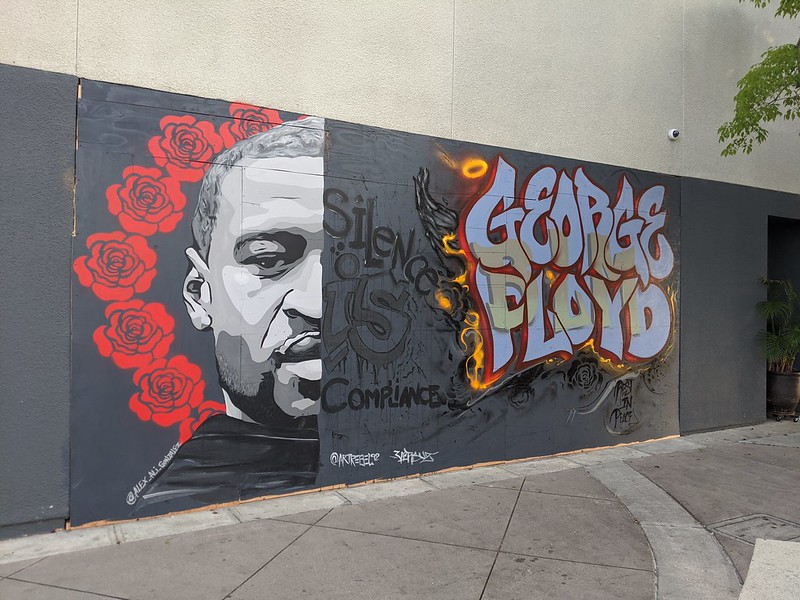George Floyd mural, boarded shop window, Magnolia Park, Burbank, California, USA