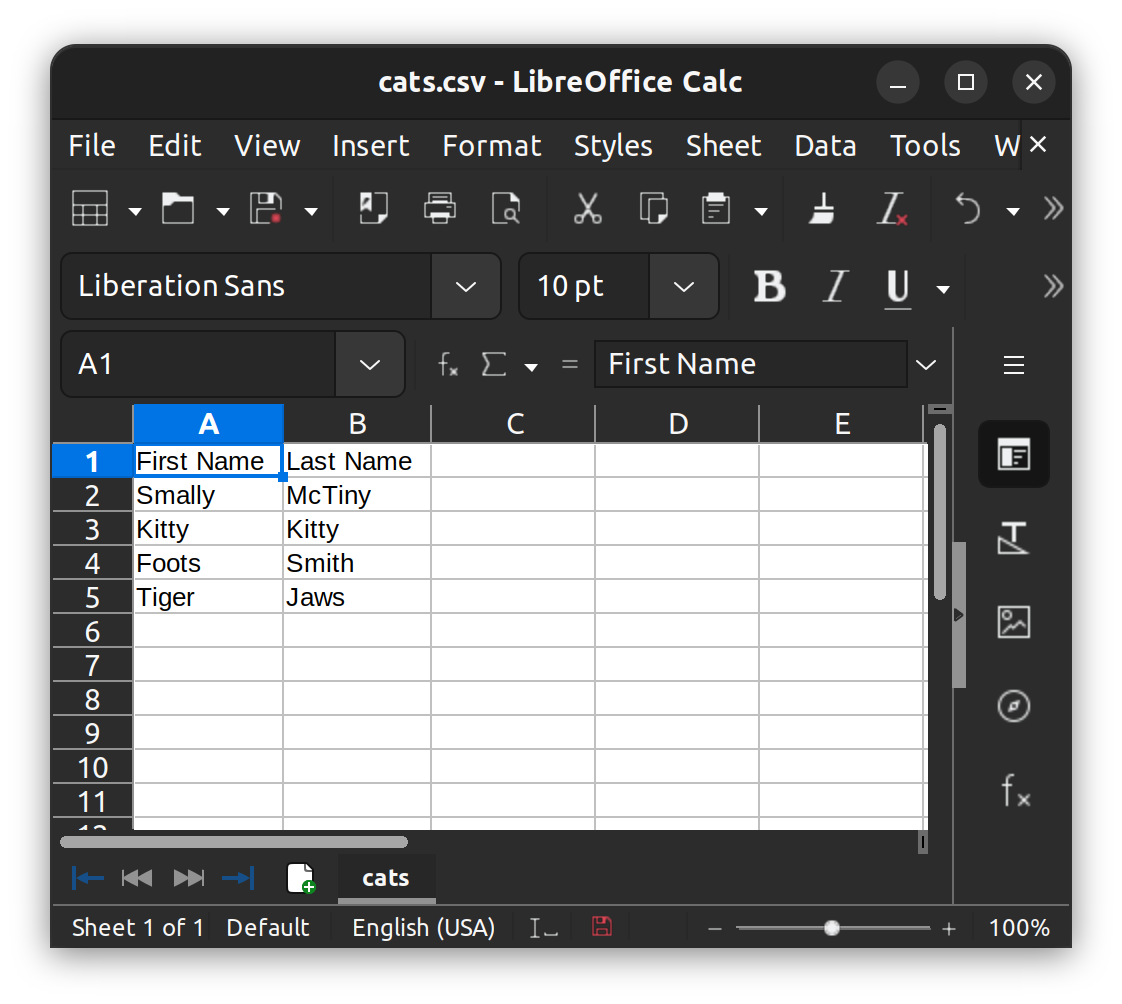 Cats data as viewed in a spreadsheet