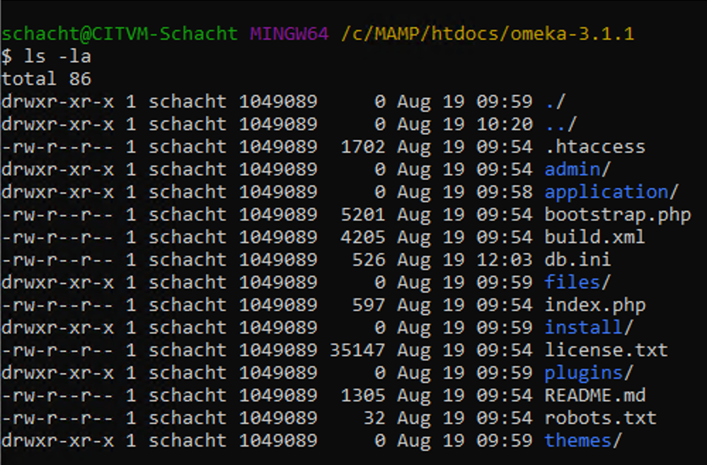 View of Omeka files in a terminal window