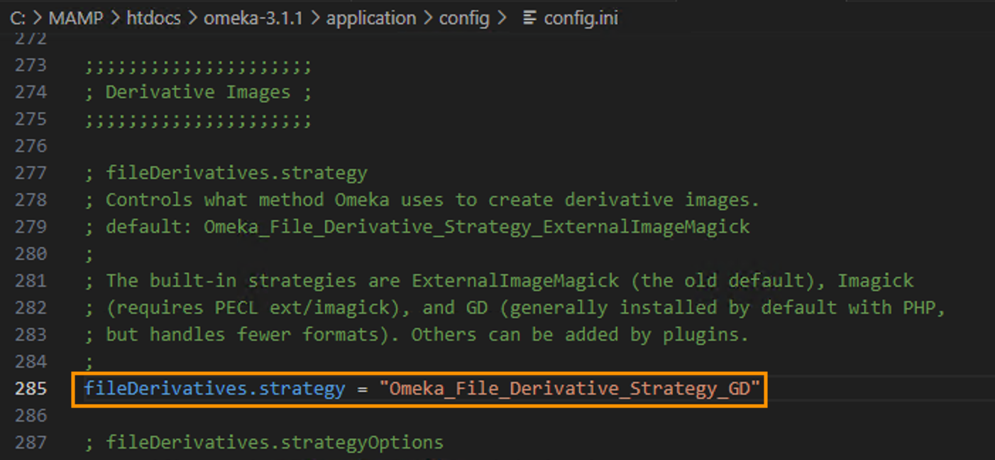 config.ini file showing altered file derivatives strategy