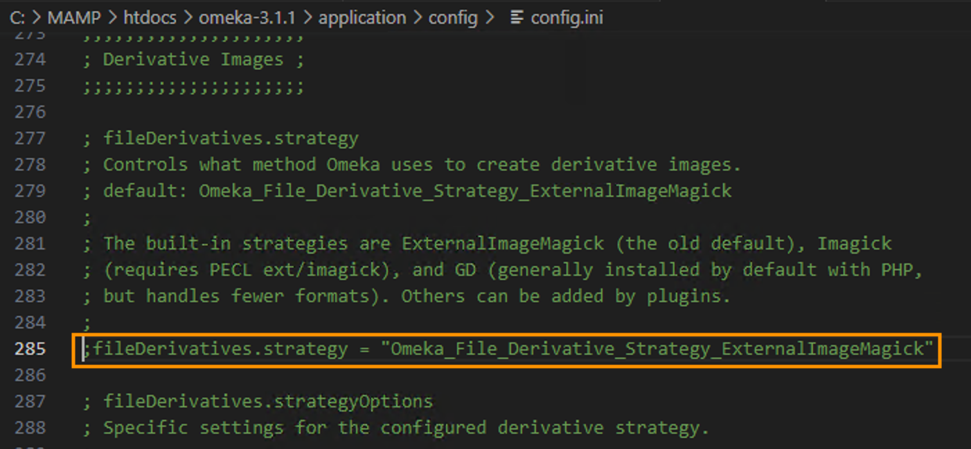 config.ini file showing file derivatives strategy