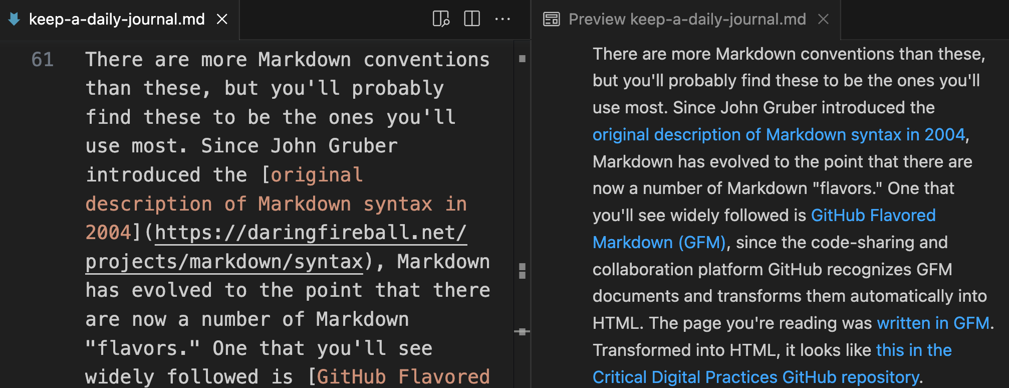Markdown text and HTML Preview side-by-side in VS Code