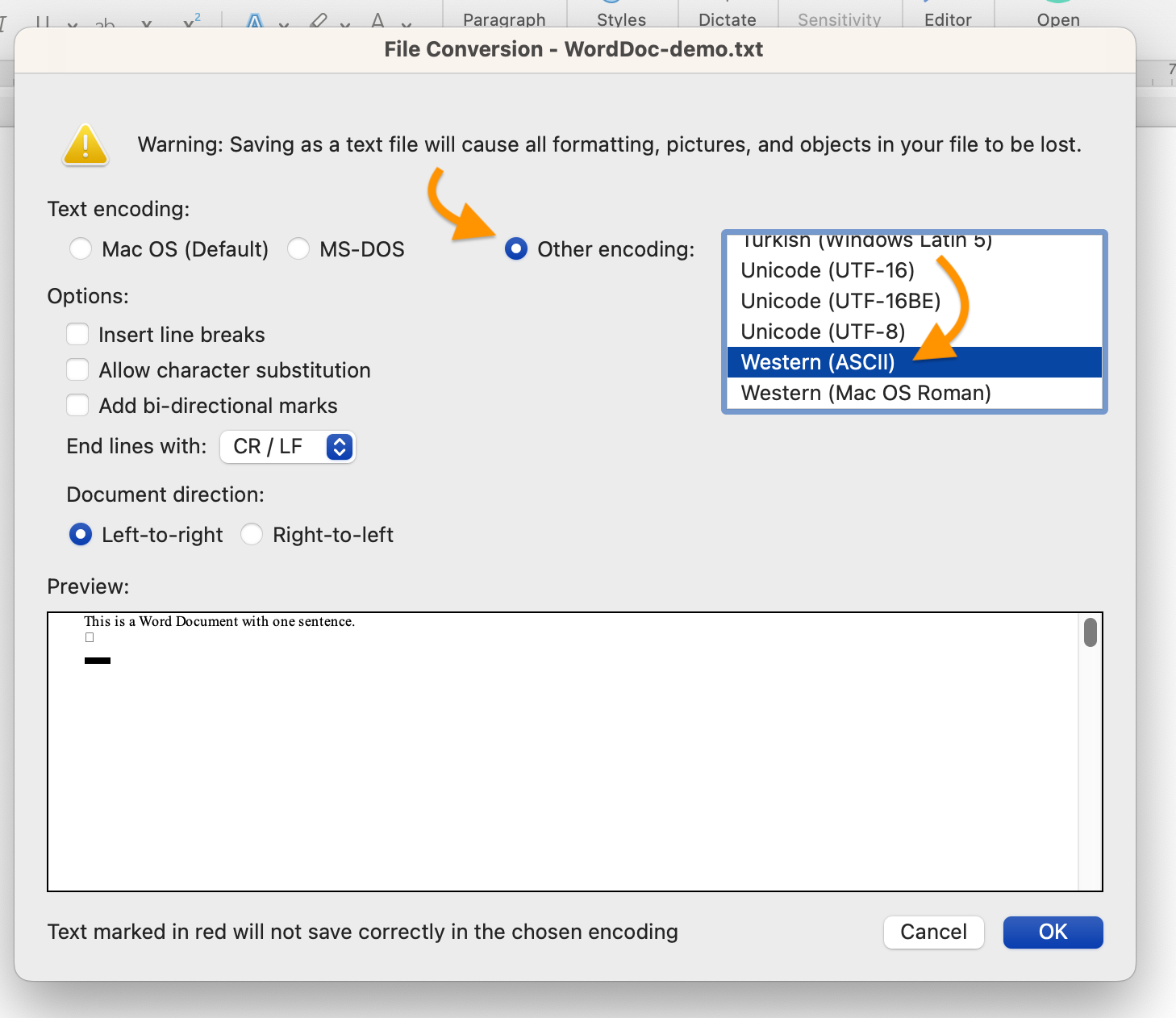 Word document plain text options dialog