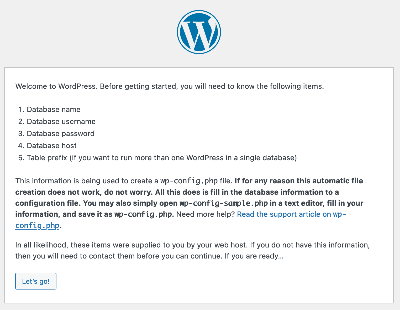 WordPress page prompting for database information