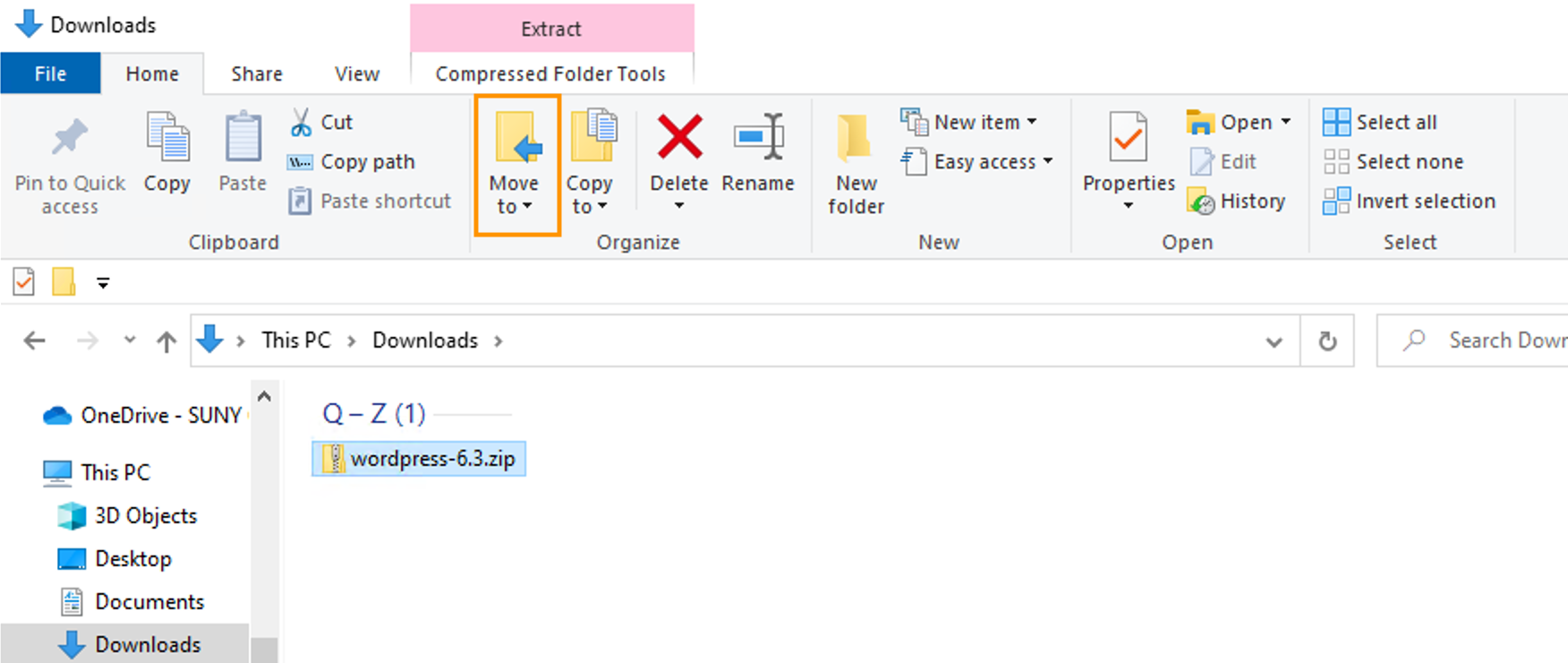 "Move to" button in File Explorer and wordpress folder to be moved
