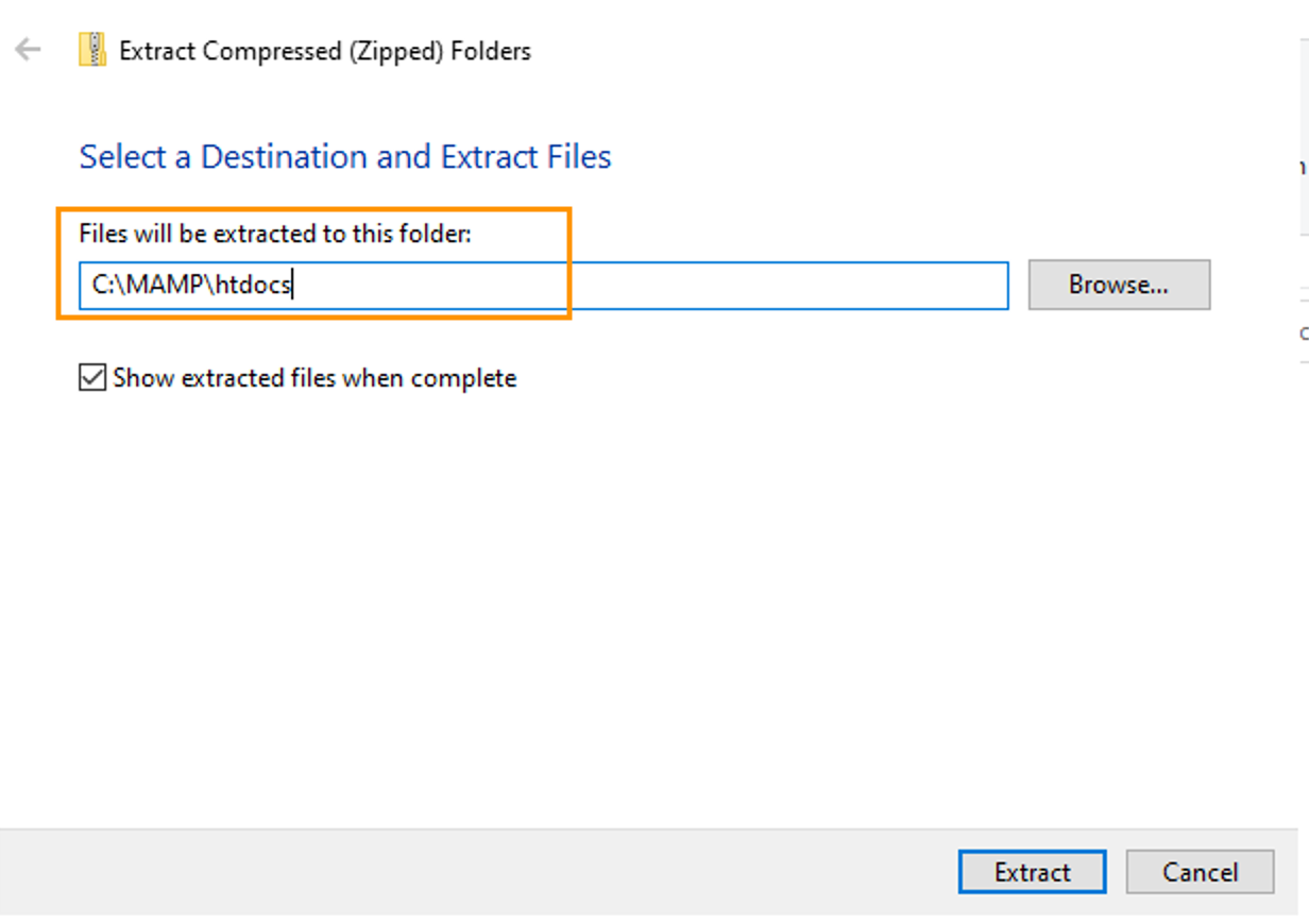 View of Windows dialog showing the destination path for extracted files, htdocs